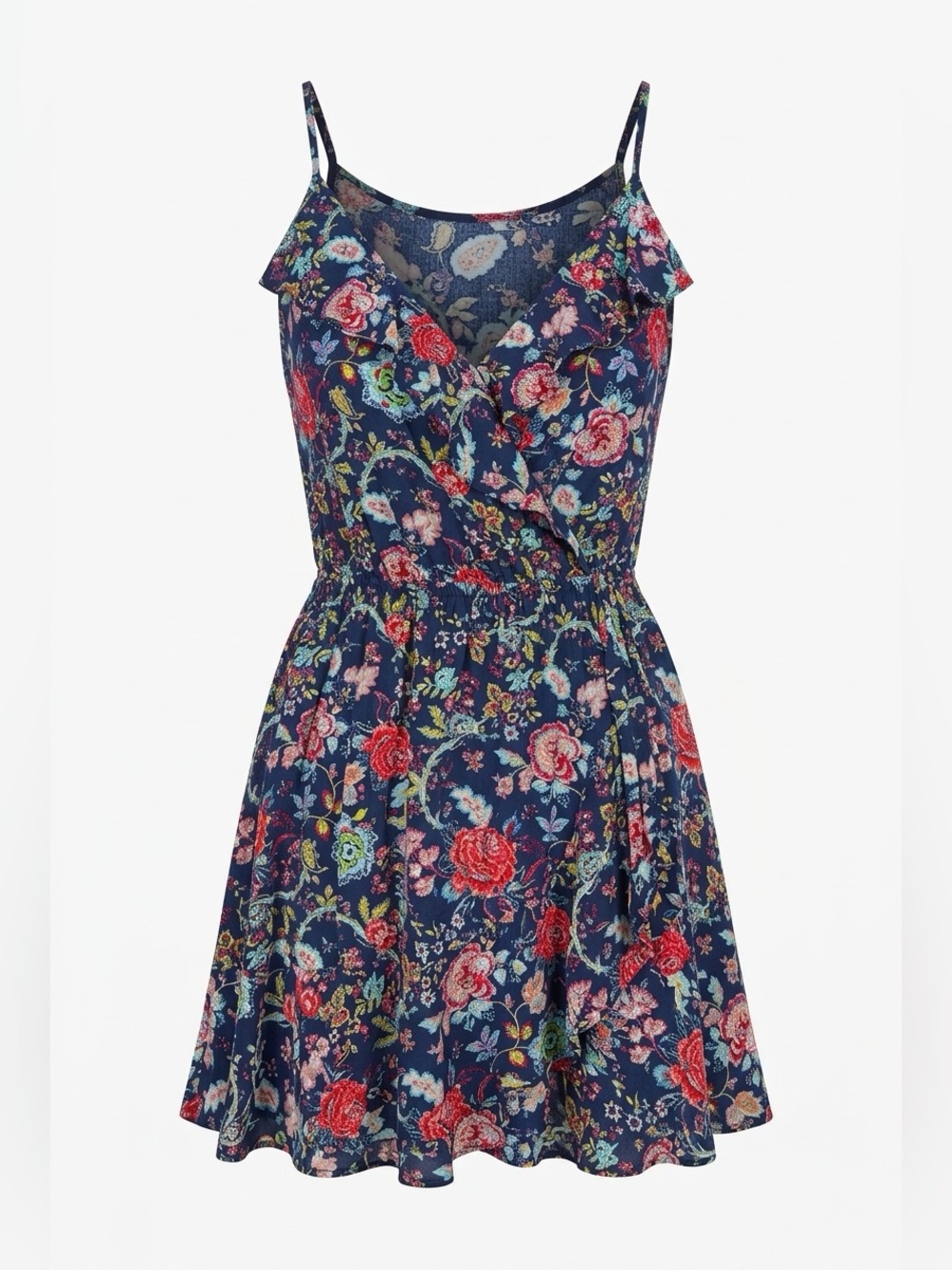Navy Floral Spaghetti-Strap Ruffled Mini Dress - Picture 2 of 3